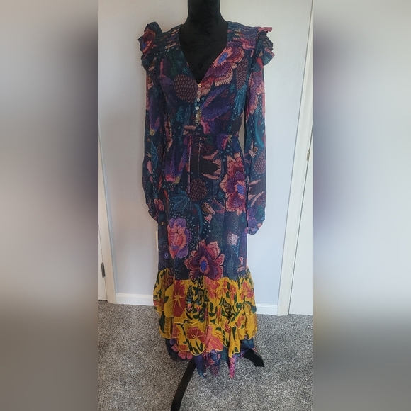 FARM RIO River Creatures Tiered Maxi Dress XS Boho Floral Ruffle Festival NWT - Picture 2 of 15